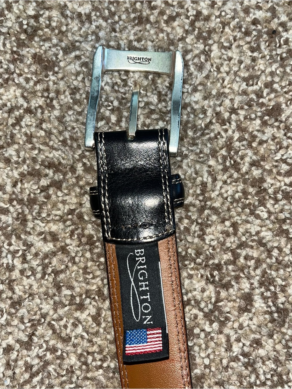 EUC Brighton Size 44 Double Stitched Black Leather Belt with Silver Buckle